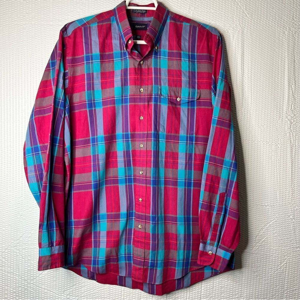 Vintage Gant FoxHunt Multicolor Plaid Button Down Dress Shirt Size XLT